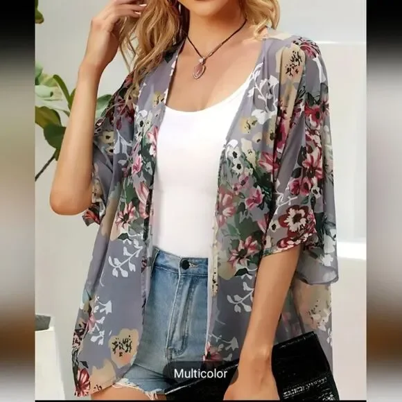 Flower Shrug, Open Front Loose Blouse Multi Versatile. Stunning. Closet Staple!! - Picture 6 of 8